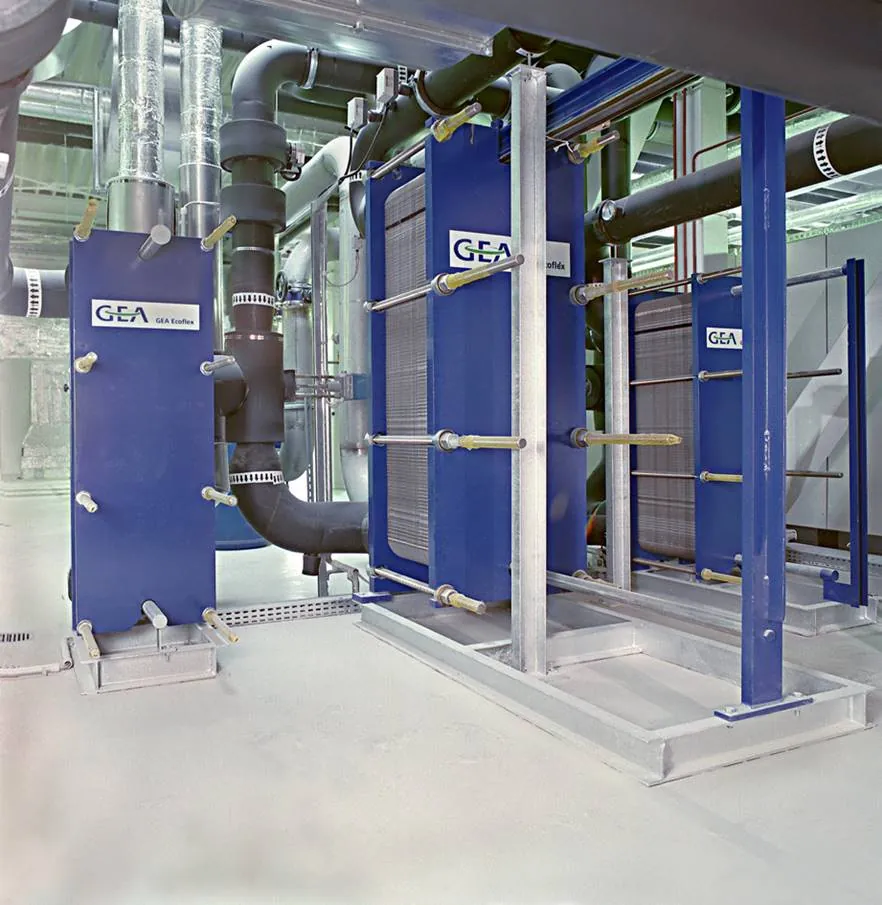 GEA plate heat exchangers connected to pipework inside a plant