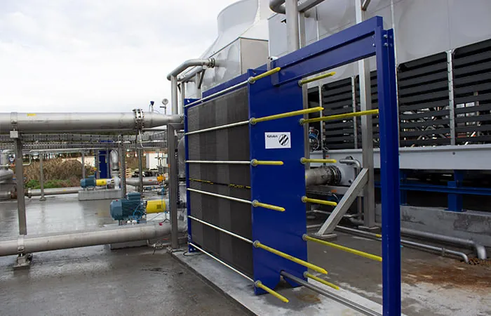 Kelvion plate heat exchanger connected to pipework outdoors