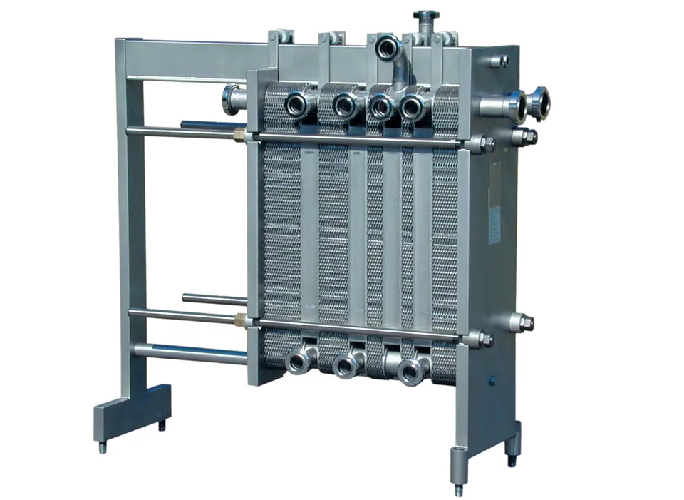 Front view of a stainless steel plate heat exchanger